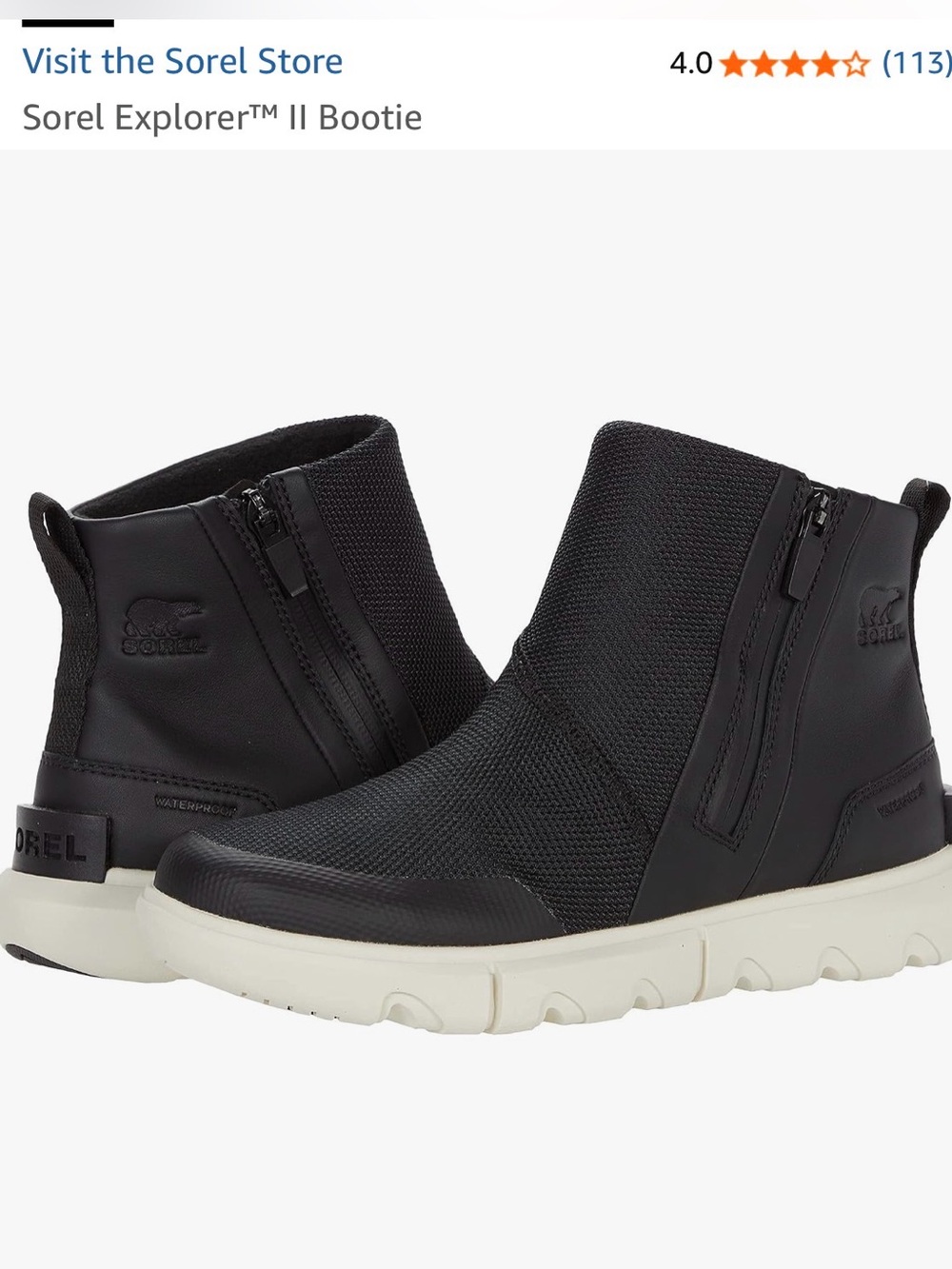 Sorel Exploder II Bootie - Black with White Rubber Soles/Fleece Lined